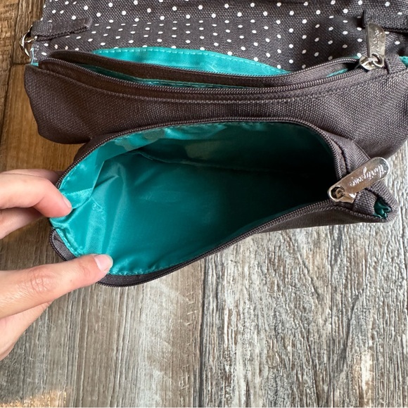 Thirty One Double Up Crossbody Purse Gray White Polka Dot With Turquoise Lining - Picture 4 of 10